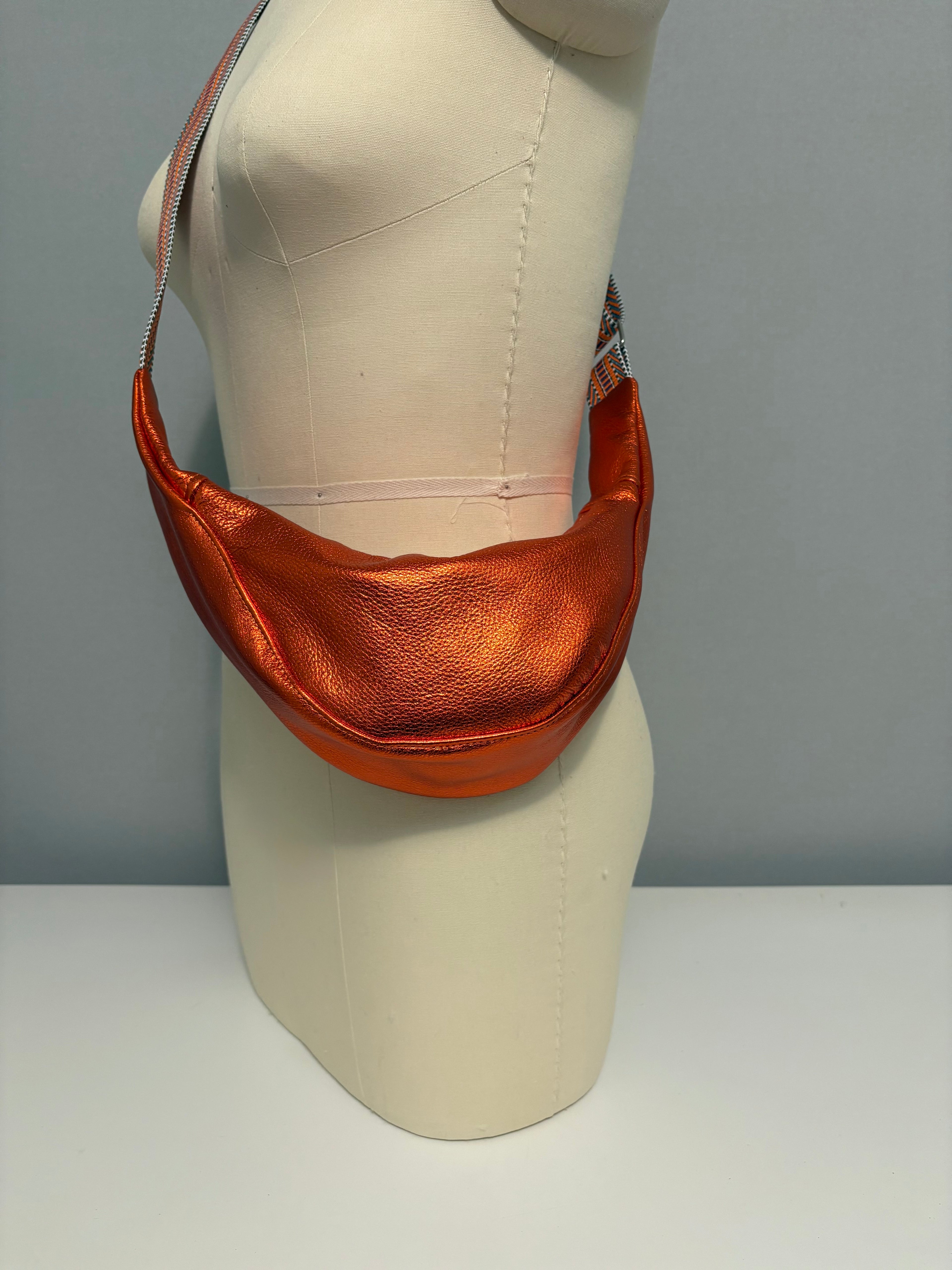 Small Crescent Crossbody Bag - Metallic Leather