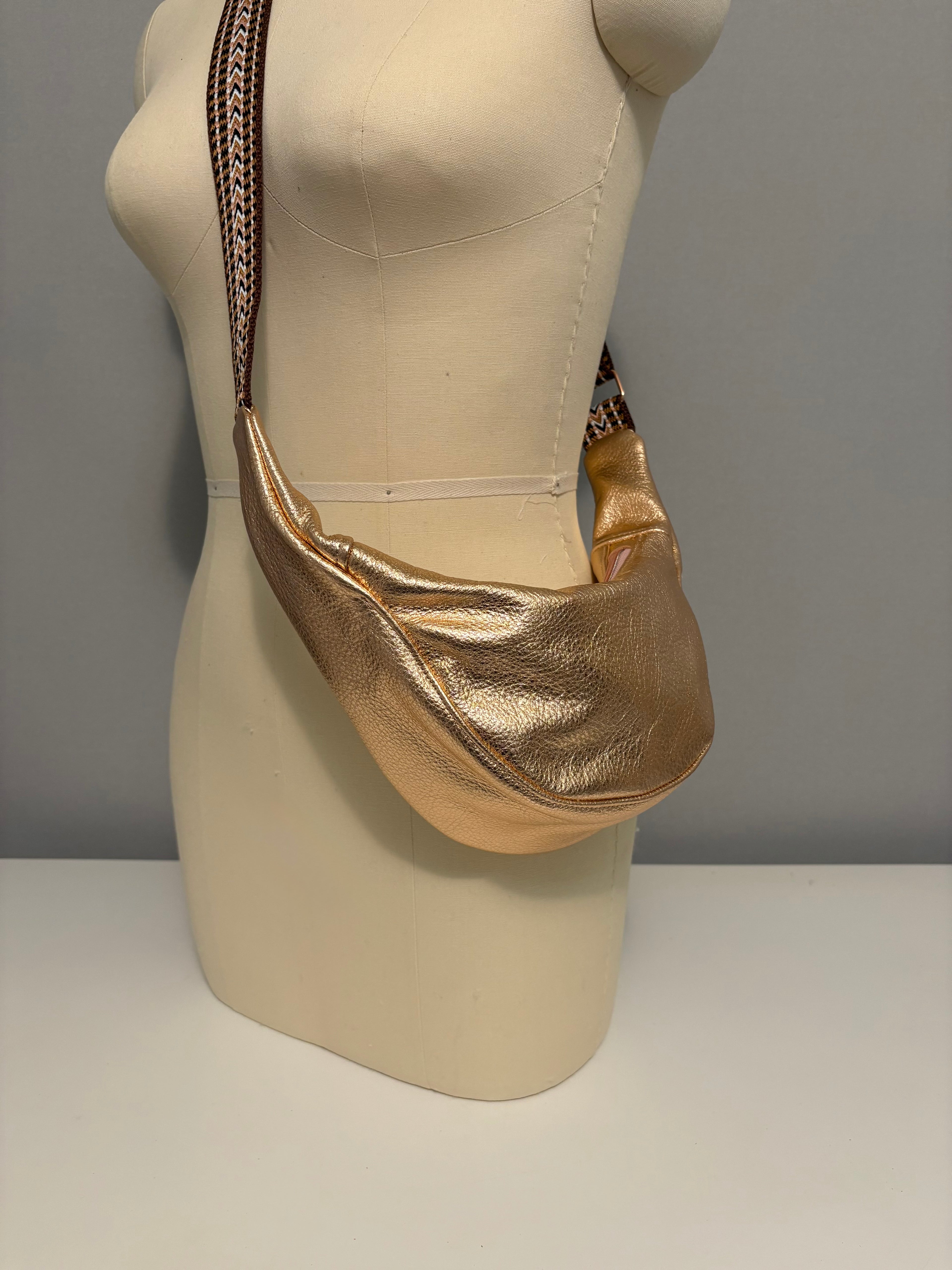 Small Crescent Crossbody Bag - Metallic Leather