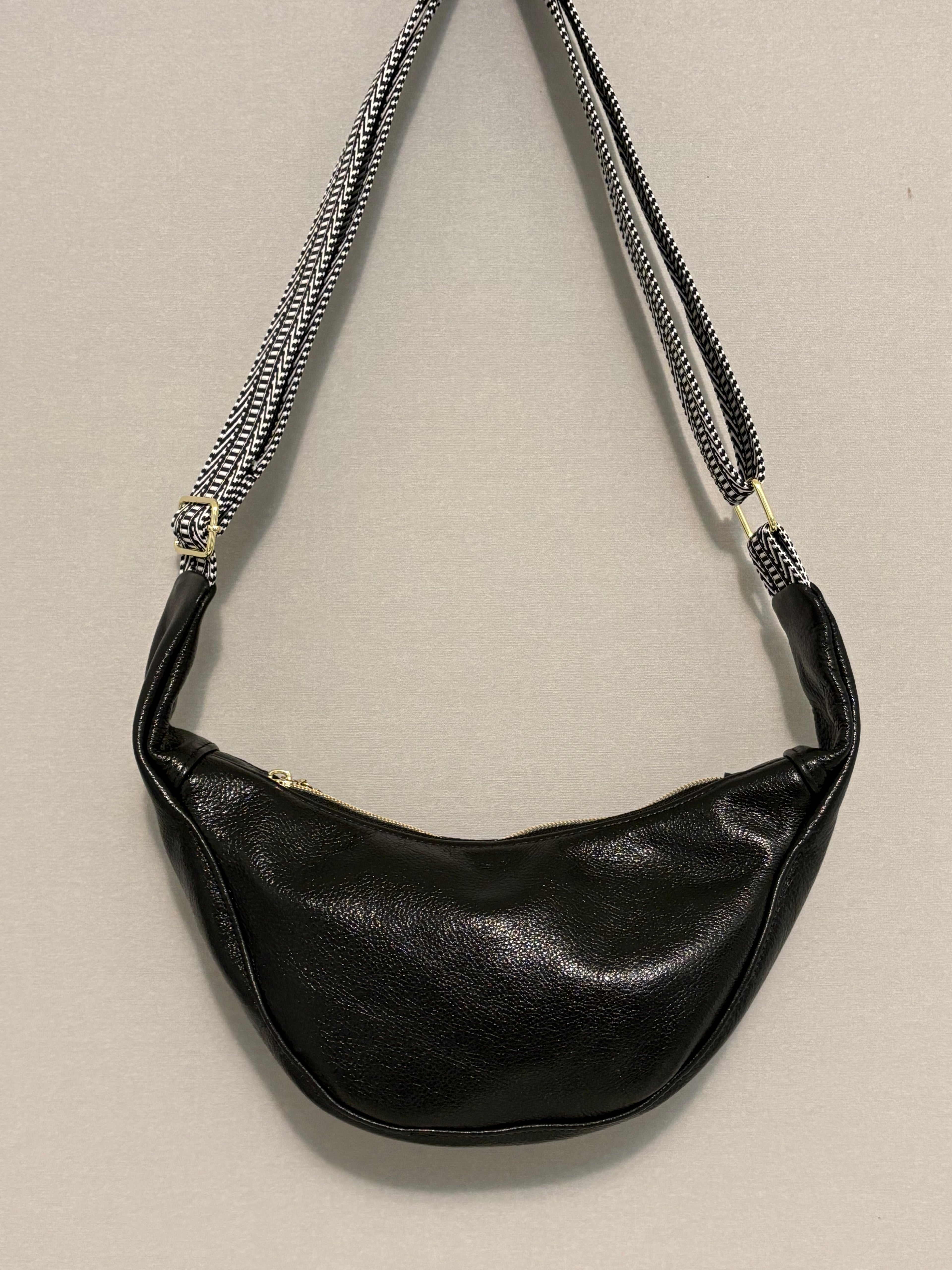 Small Crescent Crossbody Bag - Metallic Leather